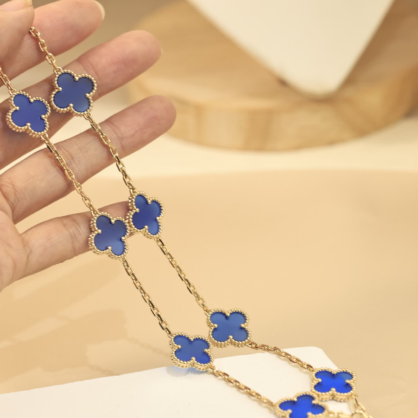 Van Cleef & Arpels Vintage Alhambra Yellow Gold Blue Enamel Necklace